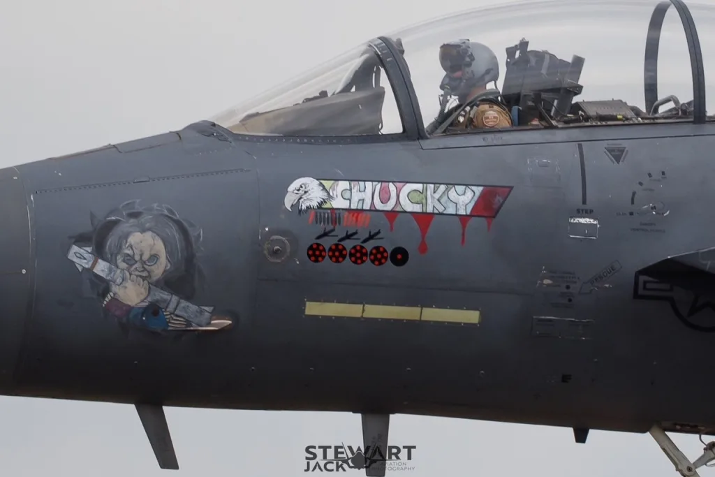 Интересные отметки были замечены на истребителях F-15E Strike Eagle из 366-го истребительного авиаполка ВВС США во время возвращения с боевого развертывания на Ближнем Востоке