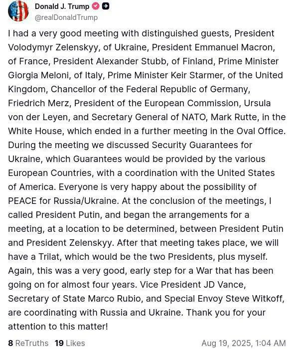 Трамп заявил, что начал подготовку встречи Путина и Зеленского, после которой будет организована трёхсторонняя встреча - с участием Трампа