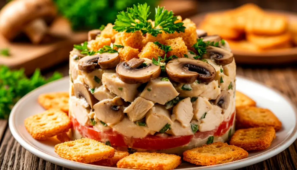 Нежный слоёный салат с курицей, шампиньонами и хрустящими сухариками — простой и аппетитный