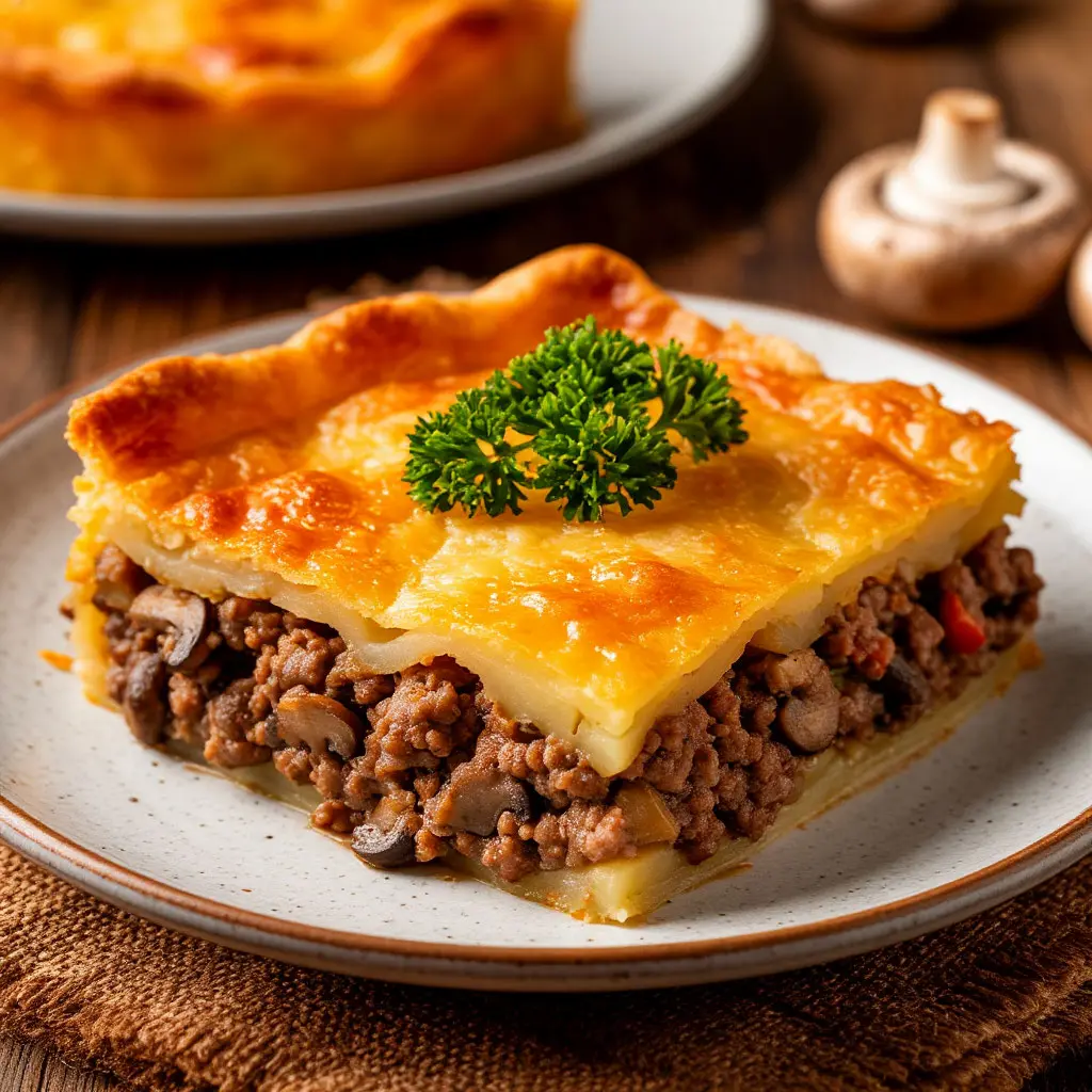 Приготовьте аппетитный картофельный пирог на сковороде: золотистая корочка и нежная начинка с мясом и грибами