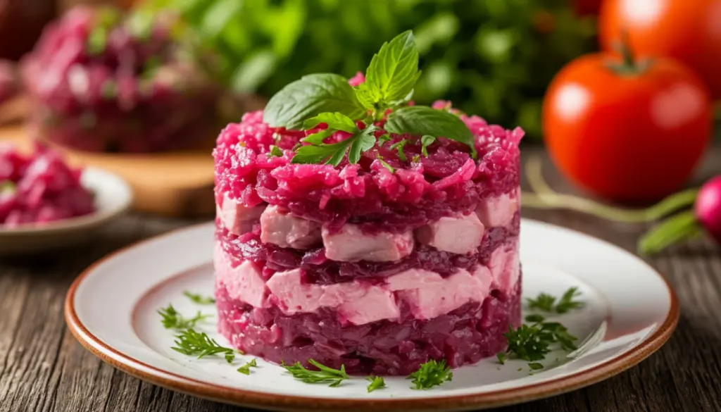 Приготовление «Сельди под шубой» по старинному рецепту: свёкла становится мягкой, а слои - воздушными