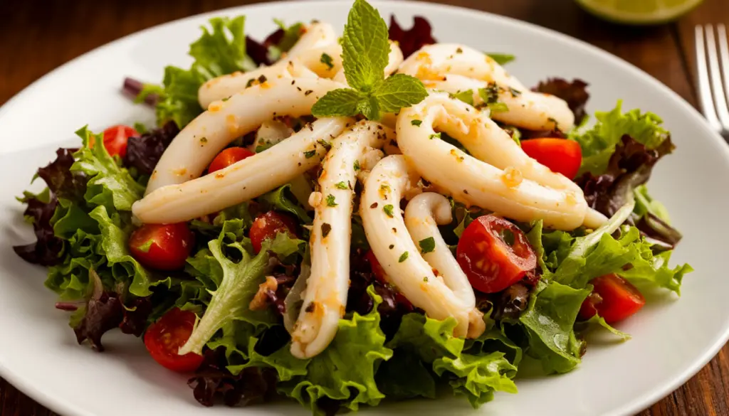 Салат из трех ингредиентов с кальмарами: легкий, хрустящий и без резинки